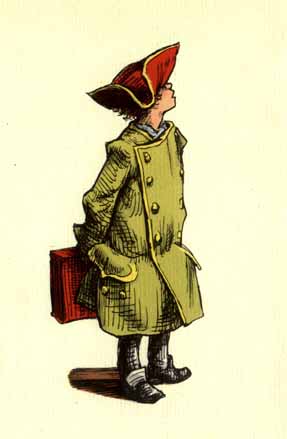 boy in long overcoat and tricorn hat, carrying a case