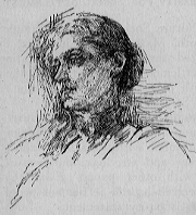 A charcoal drawing of Jane Addams' head, looking off to her right side.