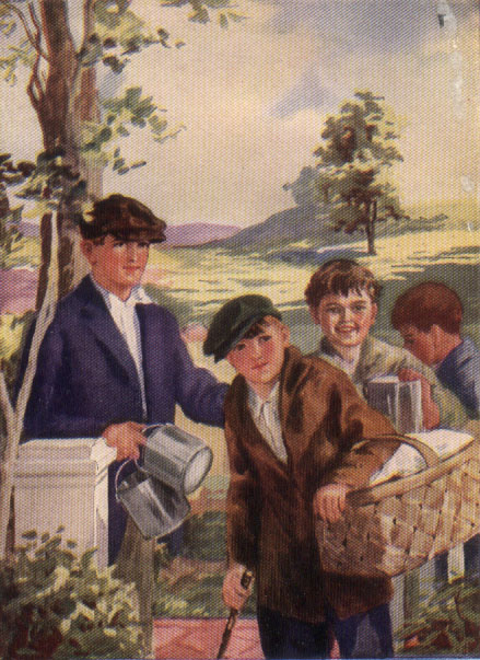Four boys standing at a gate holding buckets and a basket