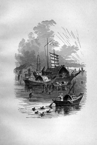 child with oar in small boat surrounded by several ducks large houseboat in background