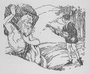 boy with fiddle talking to old man carrying a large basket