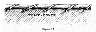 horizontal pole with tent-cover attached by leather thong woven around pole through evenly spaced holes in cover