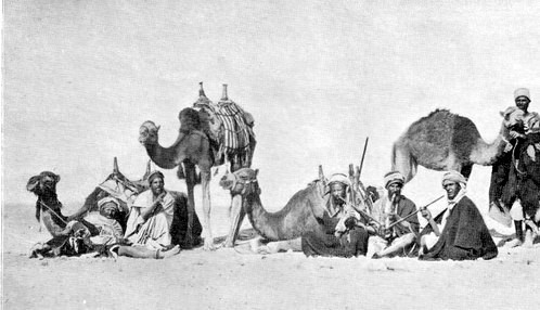 Arab camel-drivers seated next to their camels
