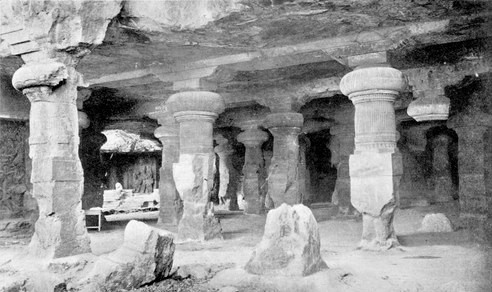 carved pillars inside the caves of Elephanta