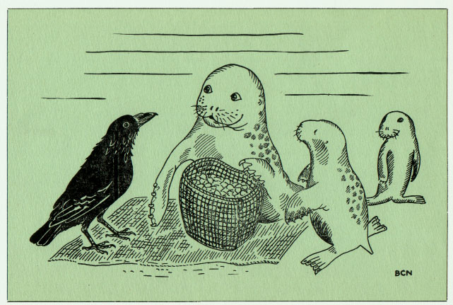 a raven in conversation with a seal. there are two baby seals nearby