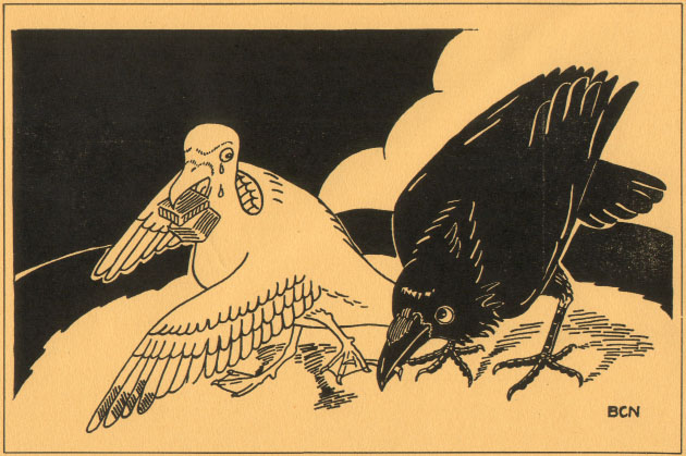 raven pulling thorn out of seagull's foot