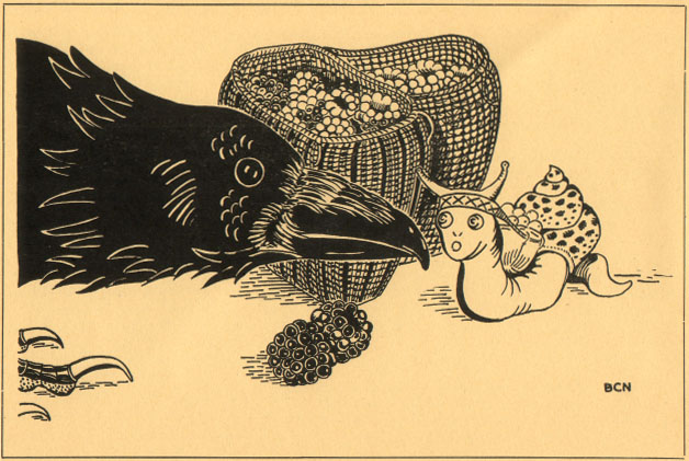 Snail and Crow talking, two baskets of berries beside them