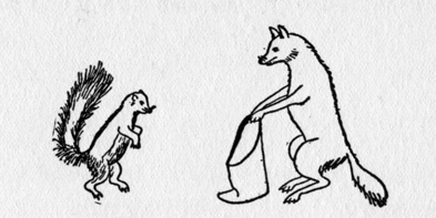 fox holding open bag, skunk walks on hind legs towards it