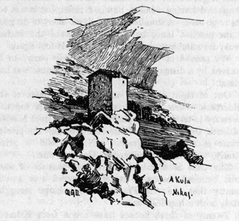 drawing of a small mountainside structure, titled A Kula Nikaj.