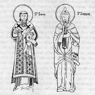 drawings of two haloed priests in long robes. one with crosses on his garb the other without.