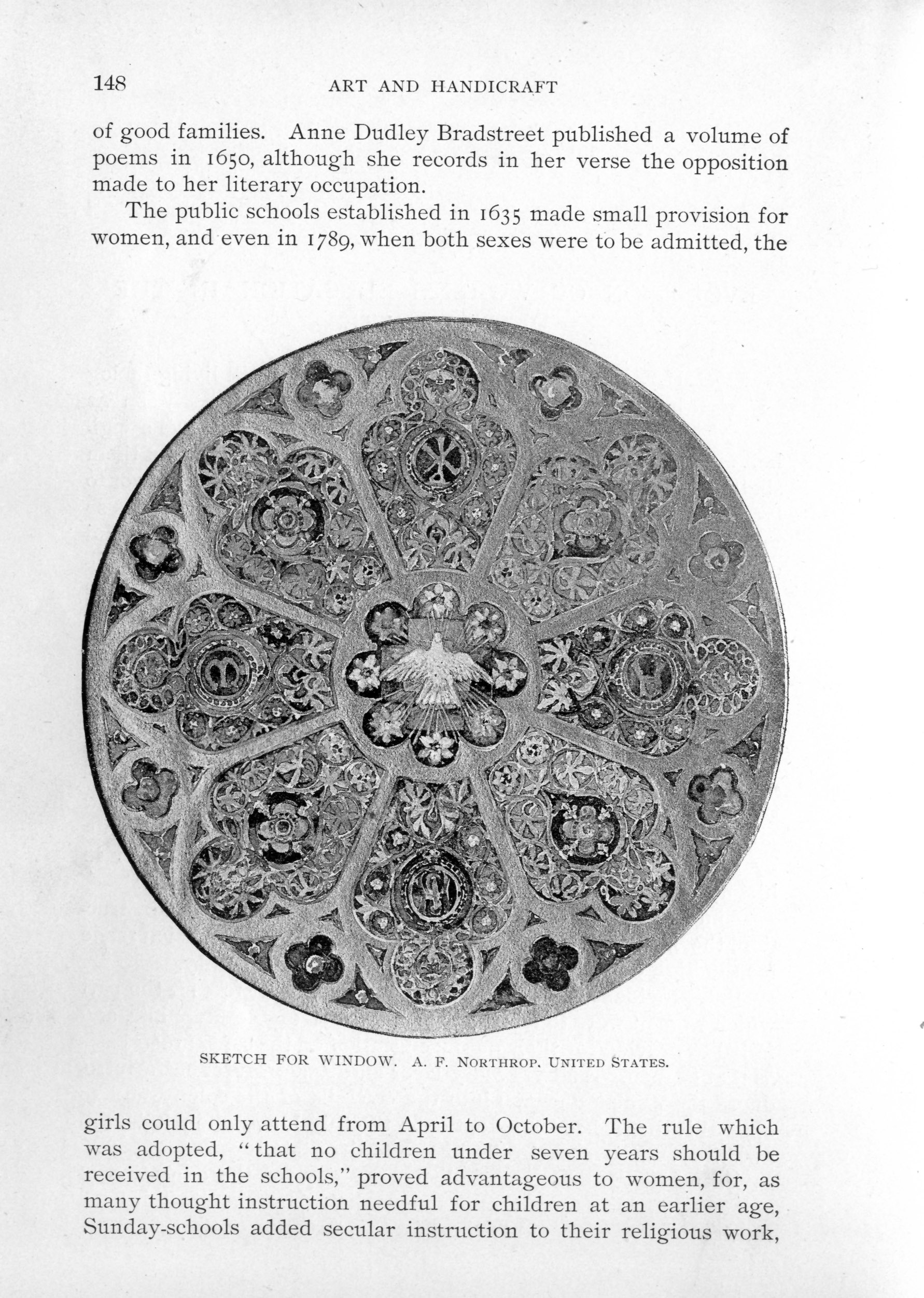 circular ornate stained glass window with floral decoration and quatrefoil accents surrounding a centered dove