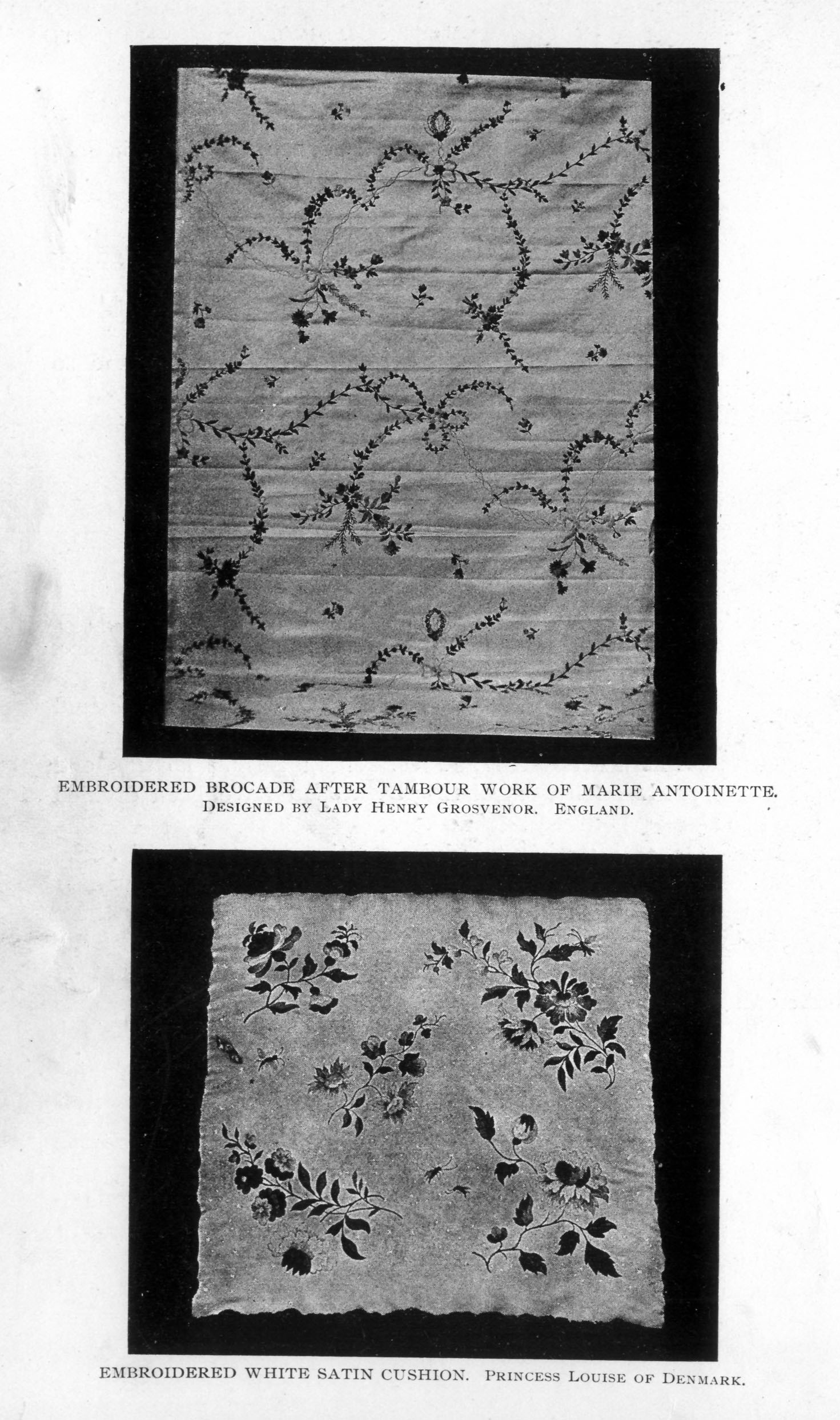 two embroidery pieces decorated with floral designs