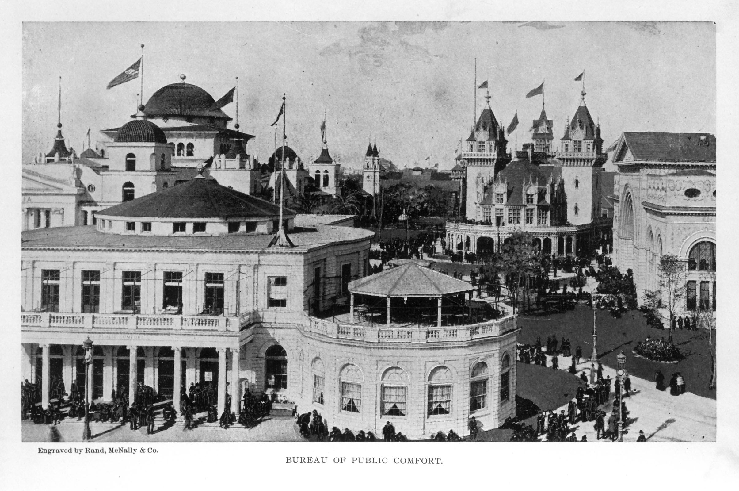 large ornate building with attached circular room, crowds bustling nearby