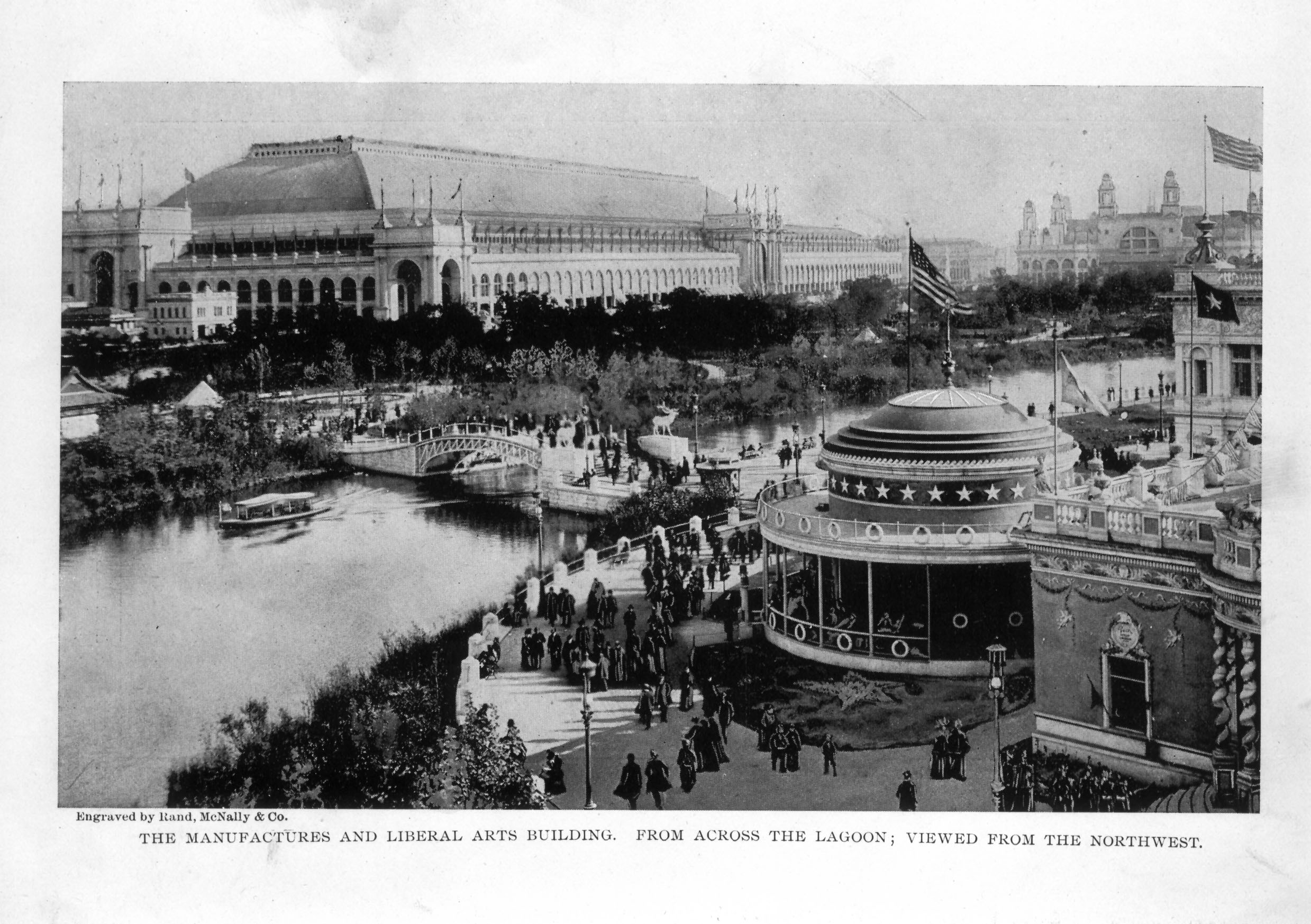 large decorated buildings along banks of water, bustling crowds walk along paths and bridge