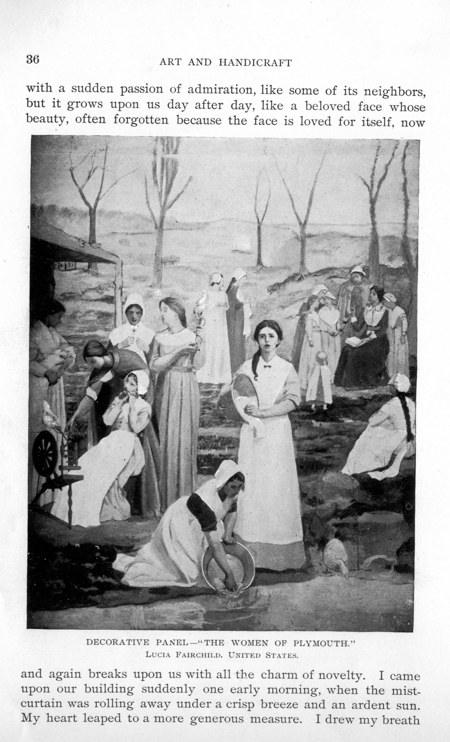 groups of women in pilgrim bonnets and aprons, talking, spinning, and washing clothes in a river