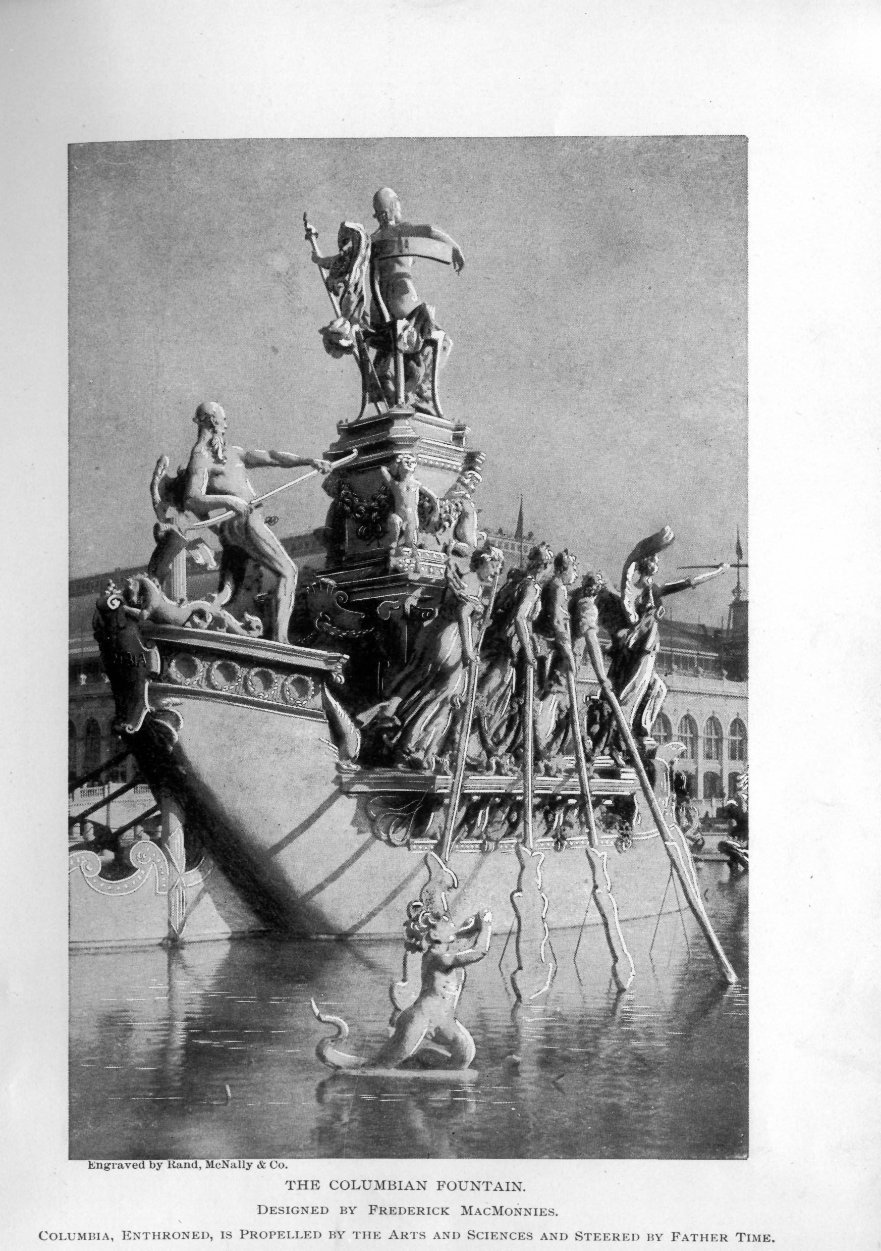 fountain carved like a ship with several female rowers and a man steering