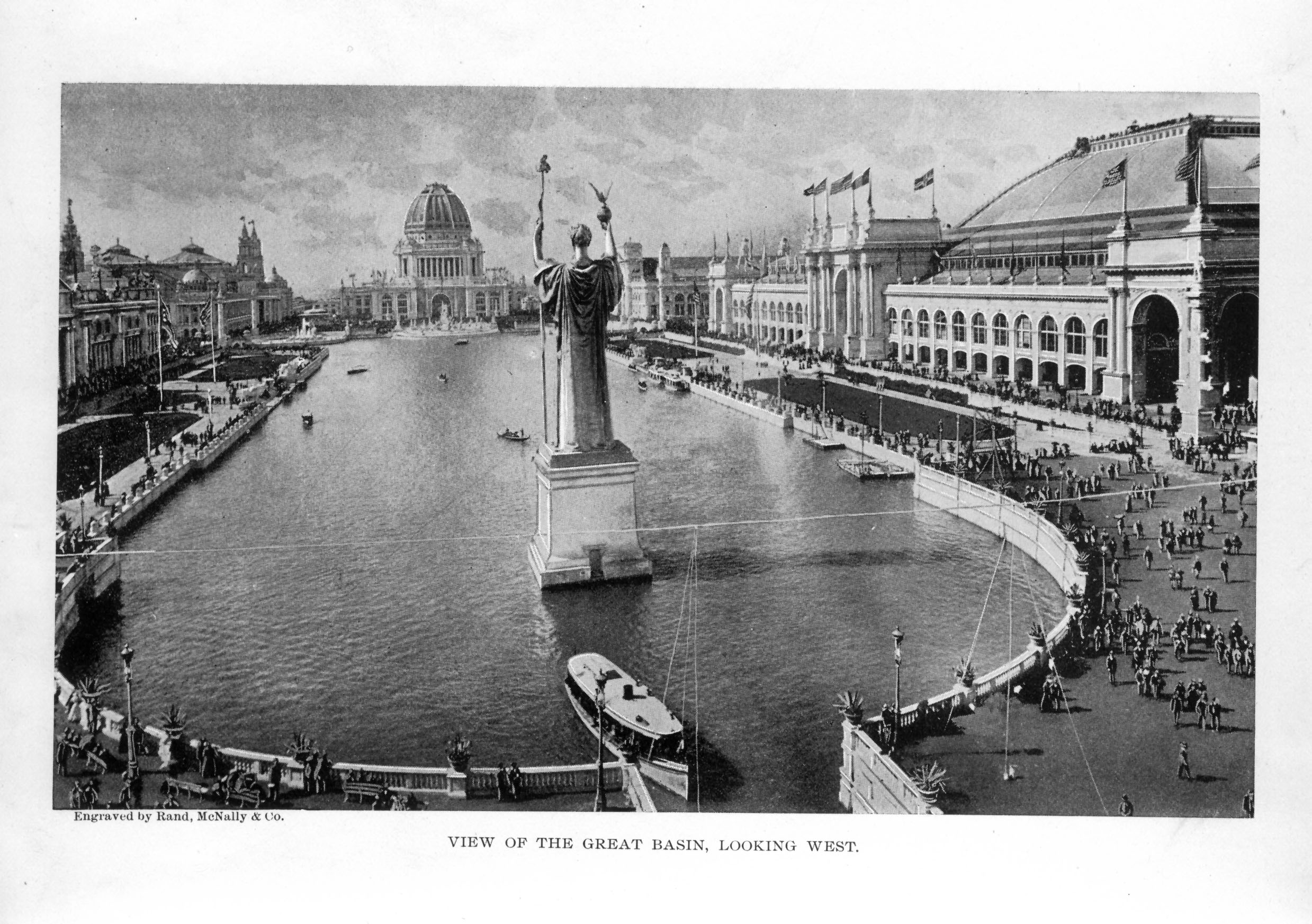 body of water with row boats and monumental statue in middle, surrounded by ornate buildings and bustling crowds