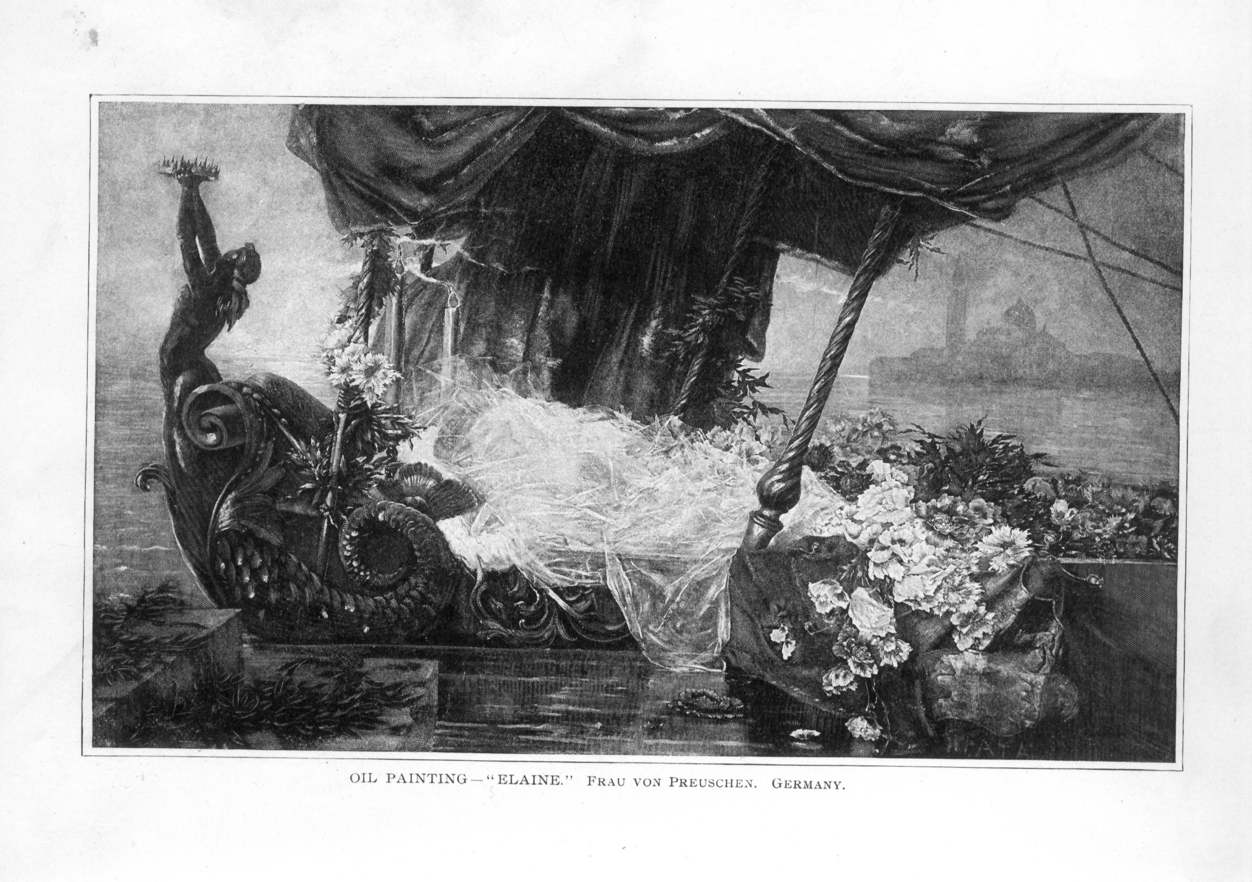 woman laying under translucent veil on ornately carved boat covered by flowers