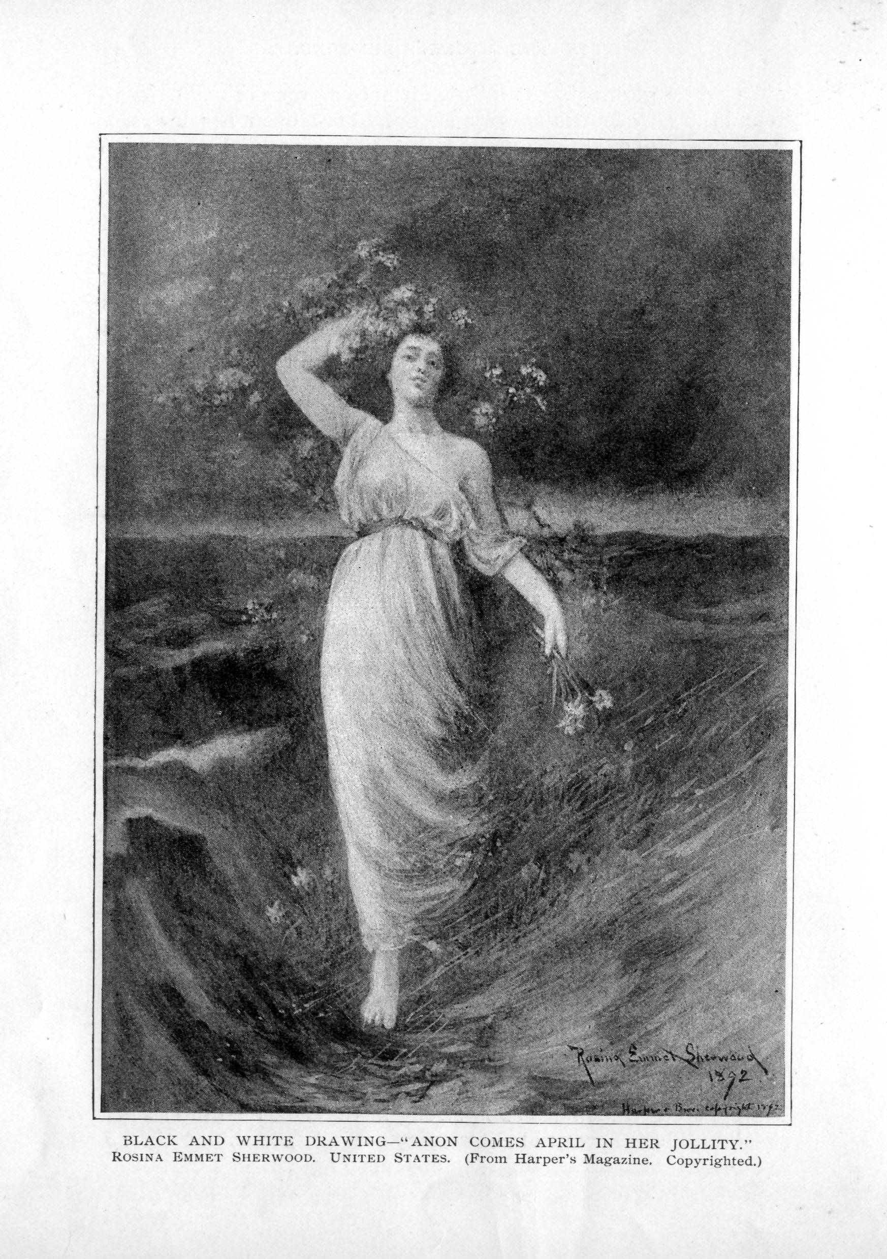 woman in Grecian robe with flowers in hair and hands