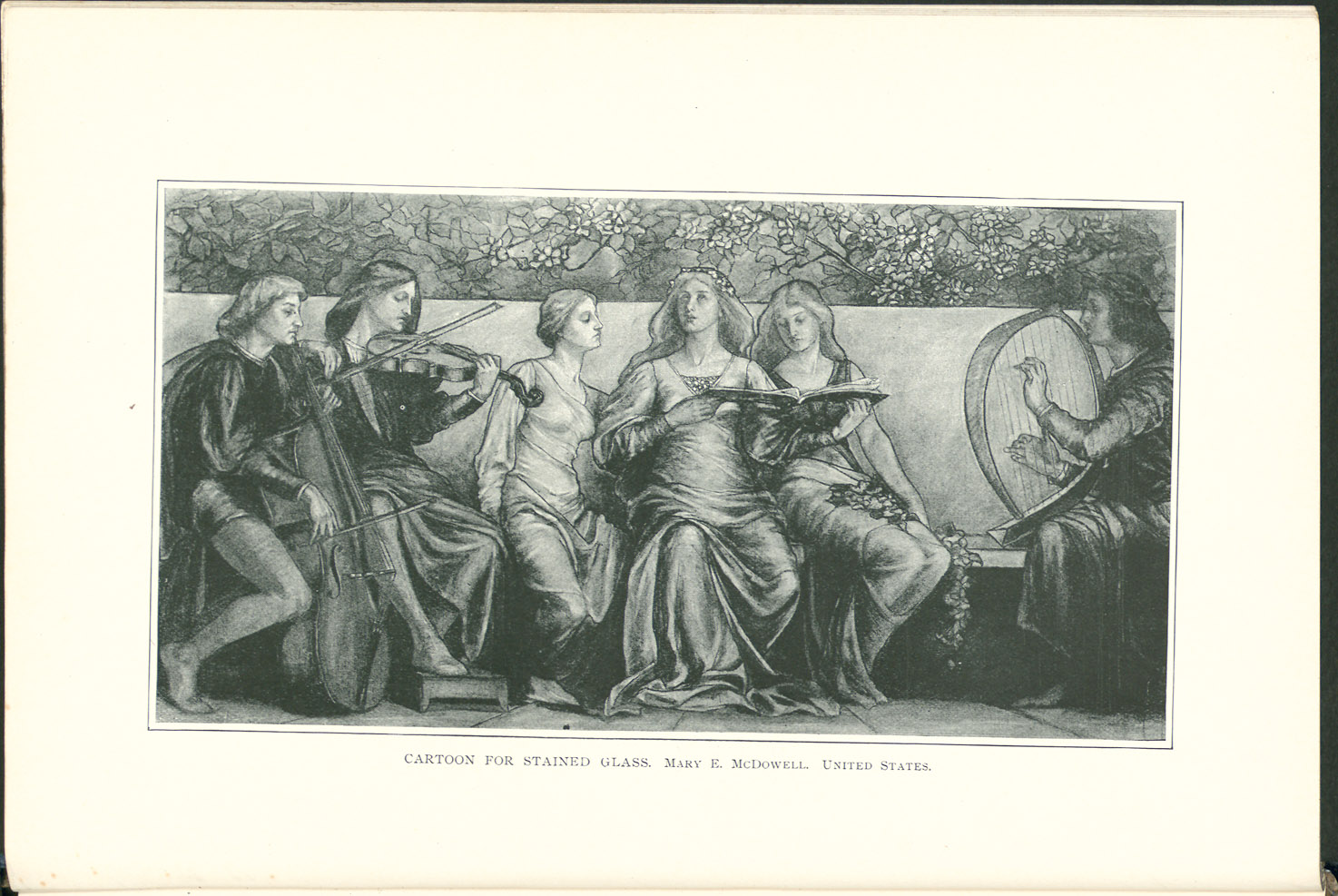 troupe of musicians, three men and women play harp, violin, and cello and three women sing
