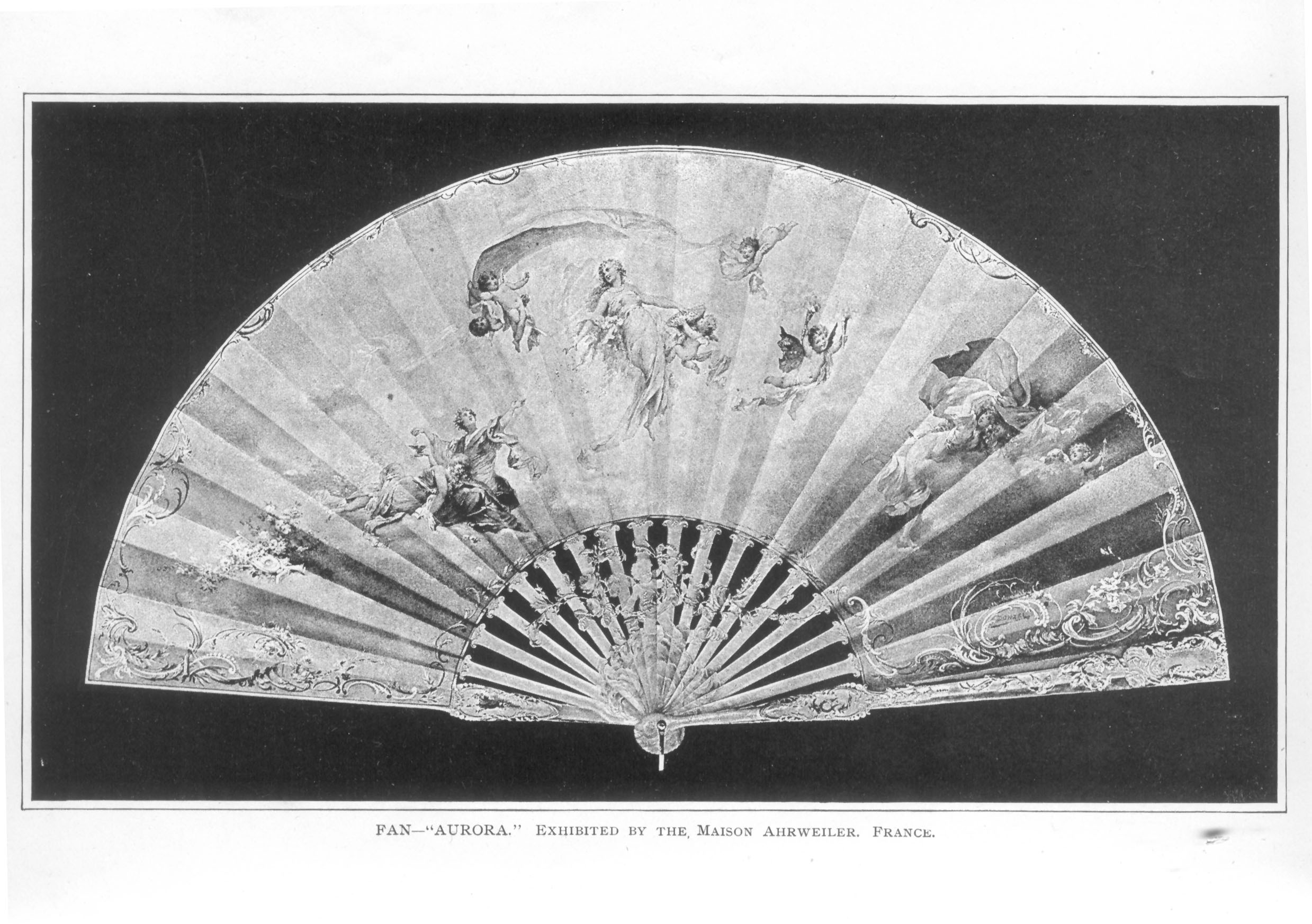 open fan with painting gradation of dawn on one side to night on the other, goddess Aurora floats in center with putti