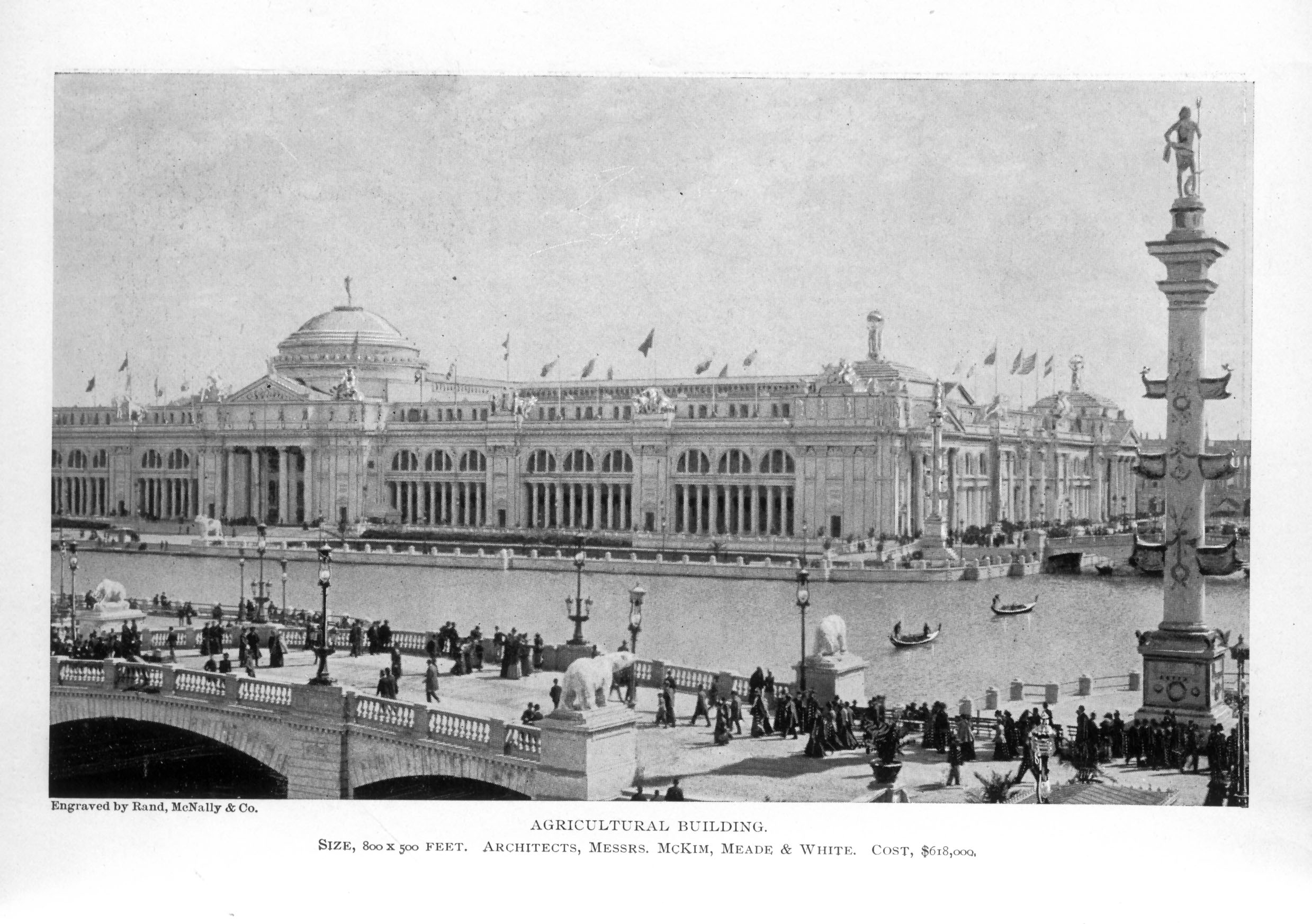 large ornate building with columns and arched windows built along water, bridge bustling with people in foreground