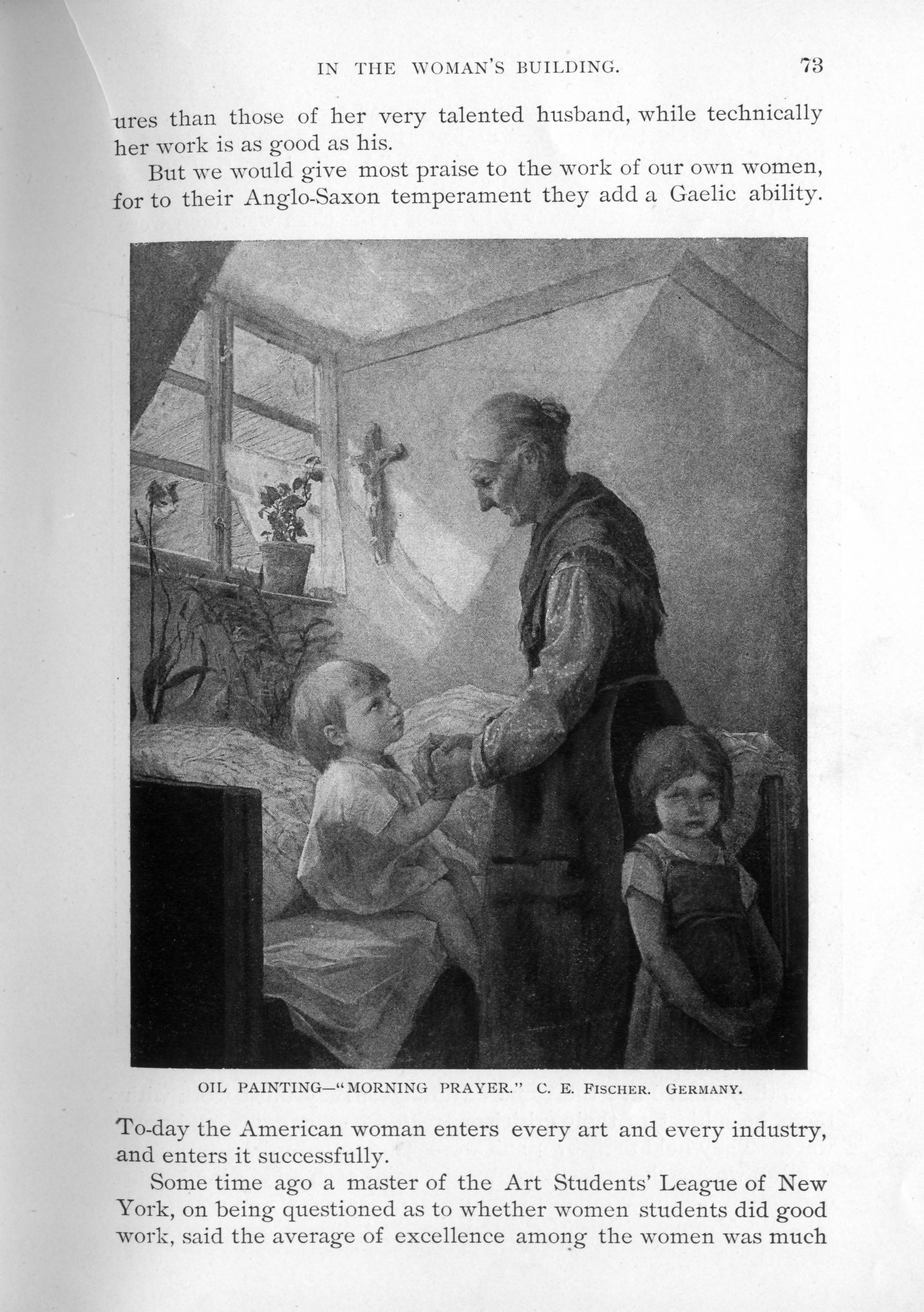 standing old woman praying with child sitting on bed, second child stands in foreground, cross on wall