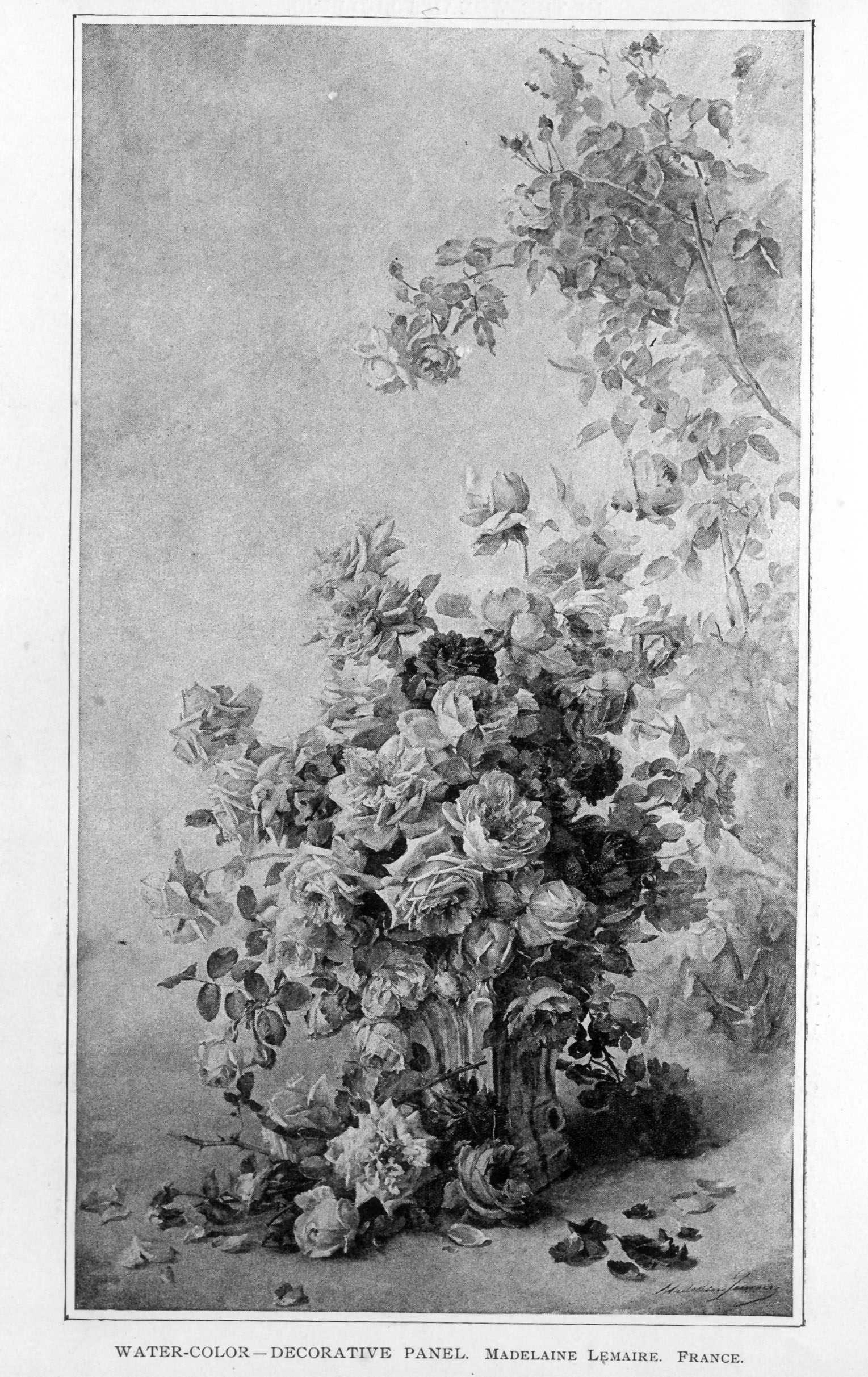 bouquet of cut flowers in vase, rose bush growing in background