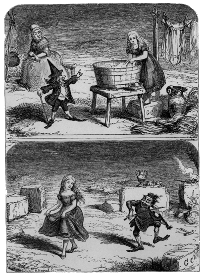 young girl washing clothes in first panel and  dancing with a dwarf in the second panel