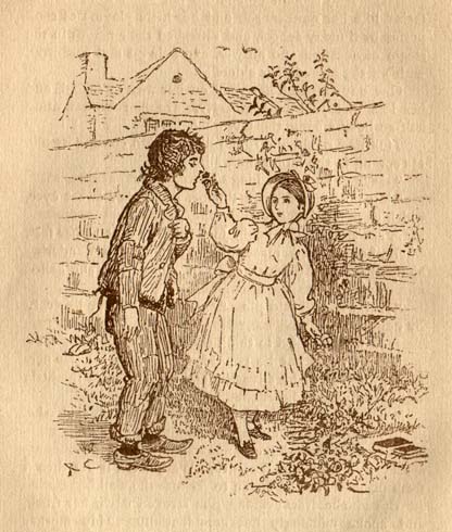 Girl lifting bergamot to a boy's nose, so he can smell it.