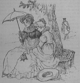 Two women sit waiting under a tree while the postman walks down a path towards them