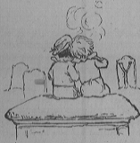 Two small children sit in a graveyard with a letter Y on a grave (Illuminated capital for Young)