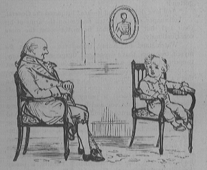 An older man sits in an arm-chair looking at a small boy sitting in another chair.
