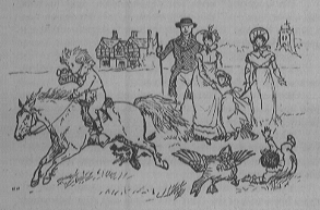 A trio of adults and a young girl watch as a boy riding a horse knocks over another child and scares a goose.
