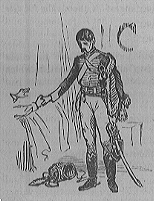 A soldier holds the hand of someone lying in bed. Behind him there is a letter C on the wall (Illuminated capital for Coming).