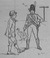 A young man walks by a uniformed man with a goose behind them. In the background a road-sign forms the letter T (Illuminated capital for Two).