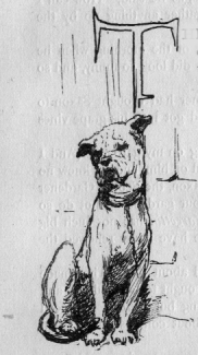 Dog leaning against a wall. T (illuminated letter for There).