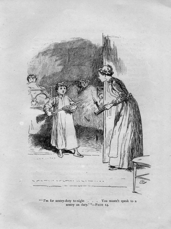 Sarah looking in on the children, holding a candle. Robert holding a broom, other children tucked into their beds behind him.