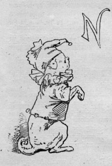 Dog in jester costume sitting on hind legs. N (illuminated letter for Nicholas).