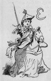 child in costume with sword atop someone in a horse costume. E (illuminated letter for Every).