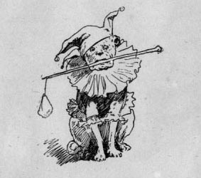 Dog dressed as a jester with a stick with a bag tied to it in its mouth.