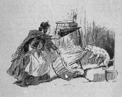 Woman wrestling laundry away from a dog.