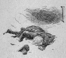 Man laying in snow, his hat nearby. I (illuminated letter for I).