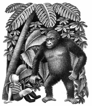 a gorilla approaches a boy sitting under a tree