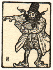 man with mustache and arm outstretched reading from a book