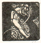 B (illuminated capital) with man leaning his back agaist the left stroke of the letter B