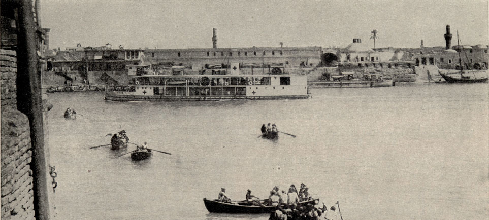 The Tigris River with a hospital boat and various small craft