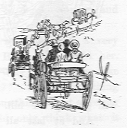 People riding away in a carriage.