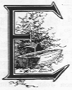 E (illuminated letter with trees and a small boat).