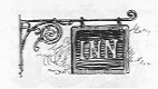 Hanging wooden inn sign.